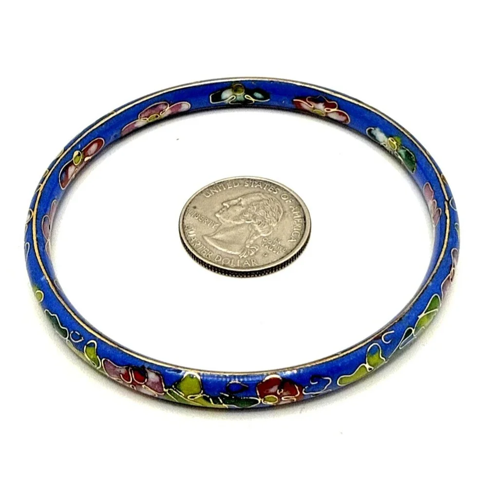 Vintage Floral Cloisonne Enamel Bangle Bracelet Pink Green Flowers on Blue 9